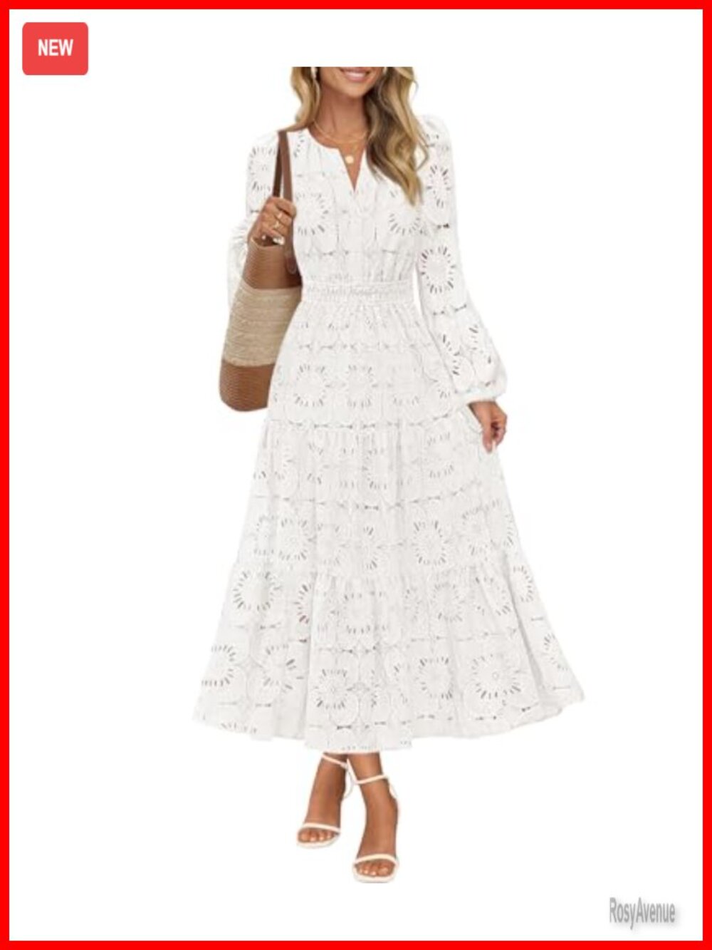 Women's Lace Eyelet Floral Maxi Dress Long Puff Sleeve V-Neck Wedding Guest